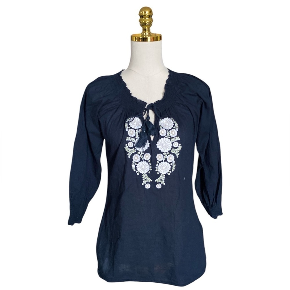 JOIE Navy Blue Floral Embroidered Women's Boho Pullover Lightweight Top Size XS